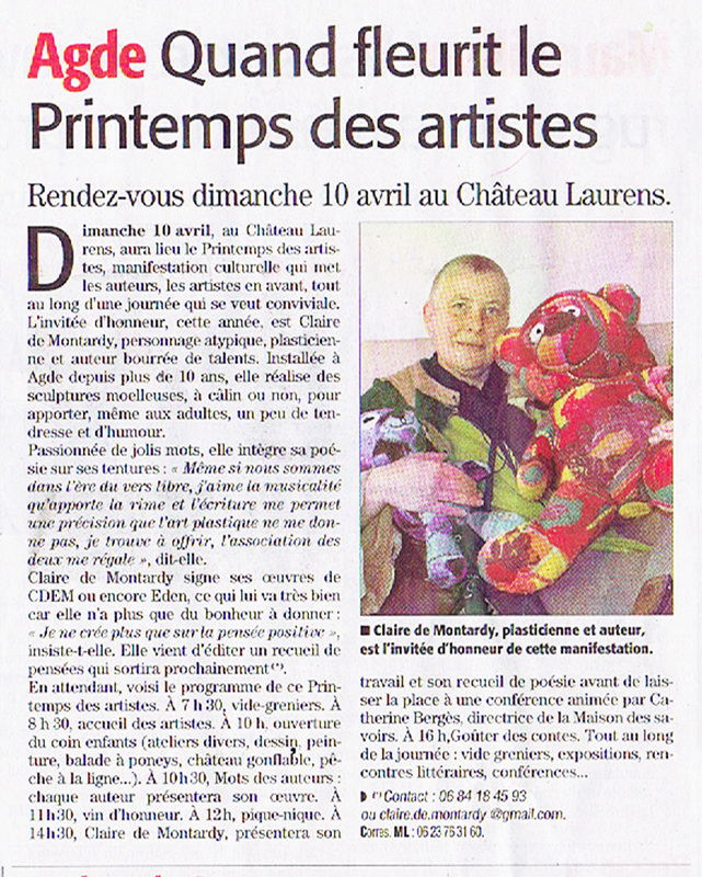 Claire de Montardy : invitée d'honneur au printemps des artistes en Agde
