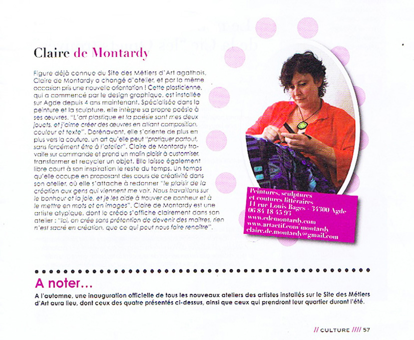 Claire de Montardy : site des métiers d'art d'Agde